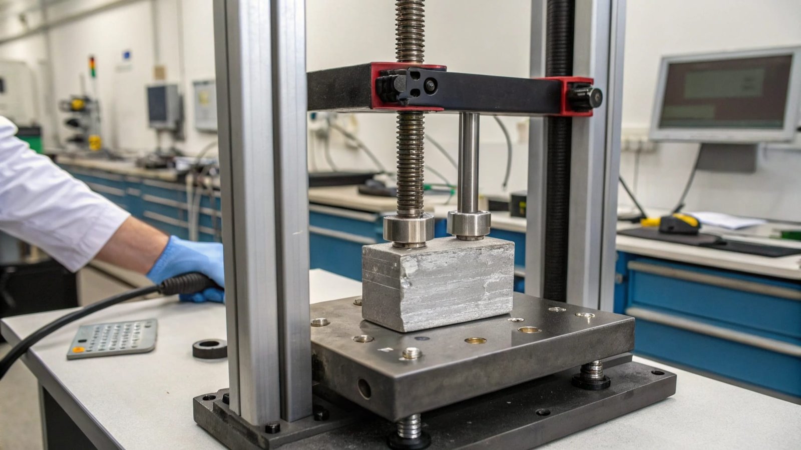 A simple diagram showing a block of aluminum on one side of a scale and a smaller steel block of the same weight on the other, with a strength rating above each.